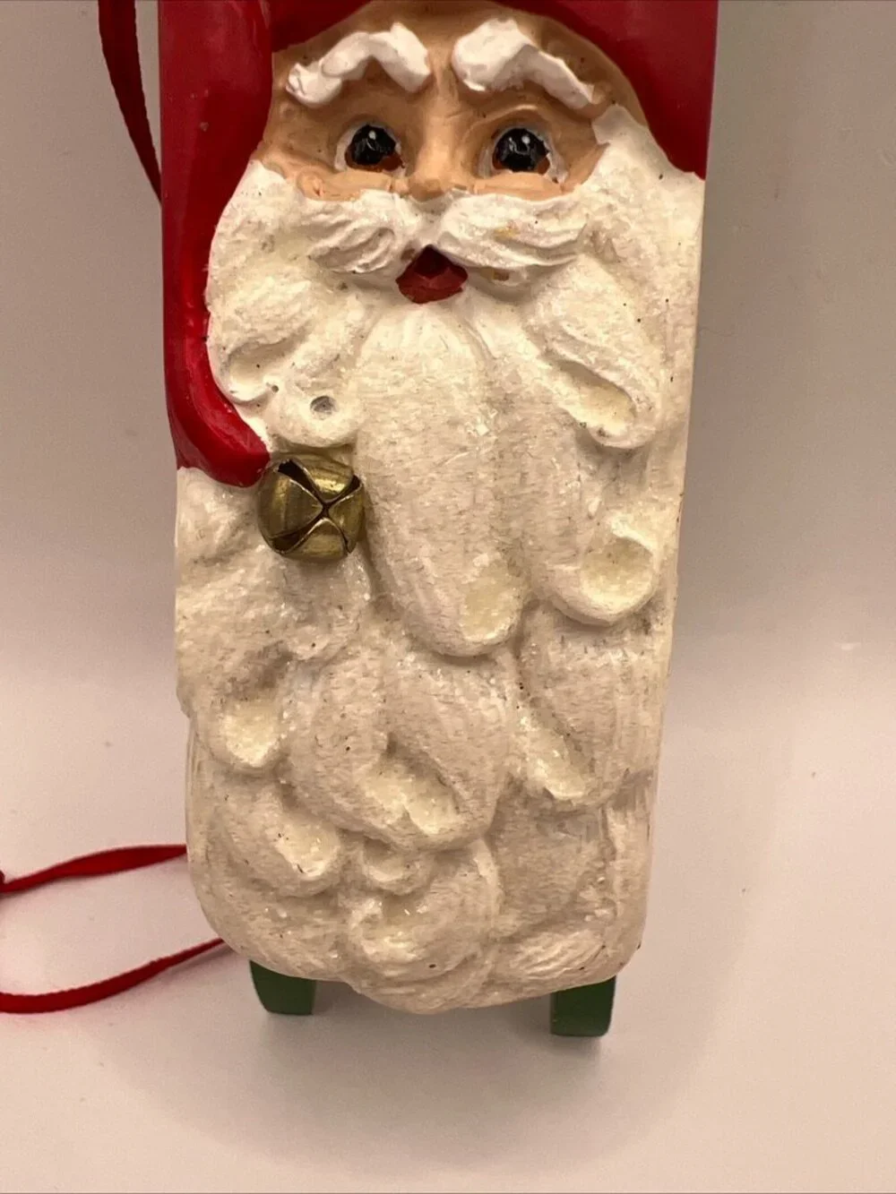 Kurt Adler Santa Head on Wood Sled Christmas Ornament Hand Carved Painted 7